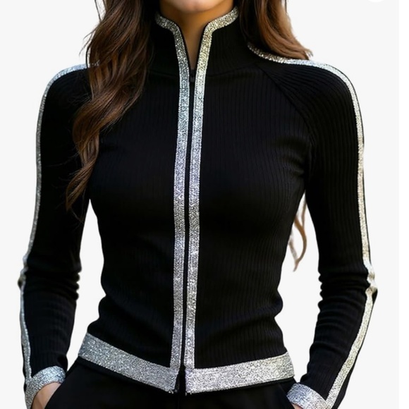NEW! Stylewe Black Full Zip Ribbed High Neck Cardigan Silver Trim. NWT! - Picture 1 of 15